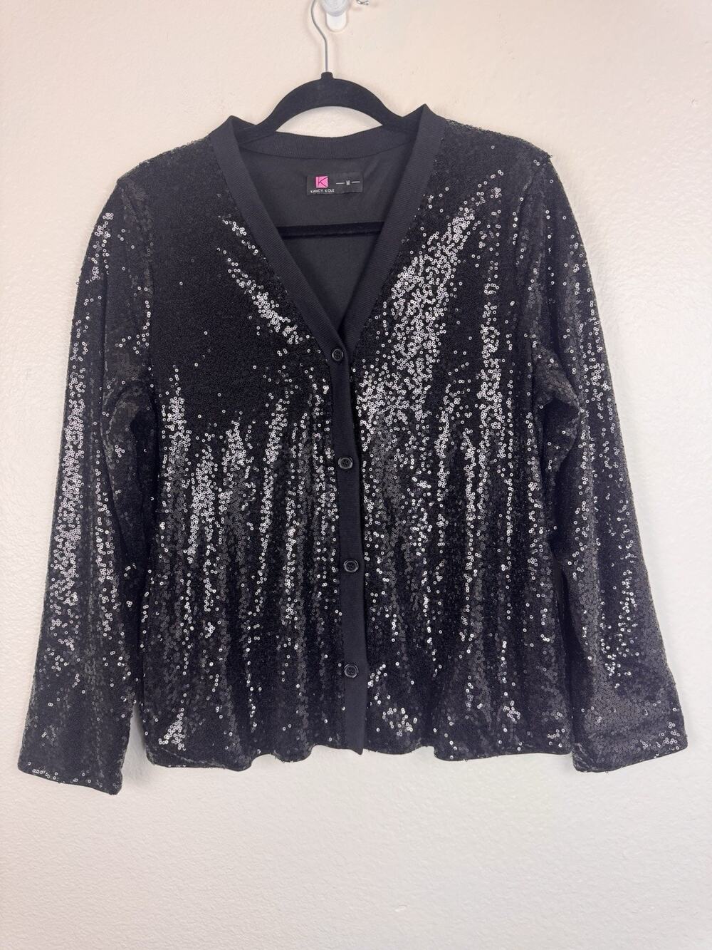 Kancy Kole Sequin Button Front Cardigan Casual Glam Party Whimsigoth Black M